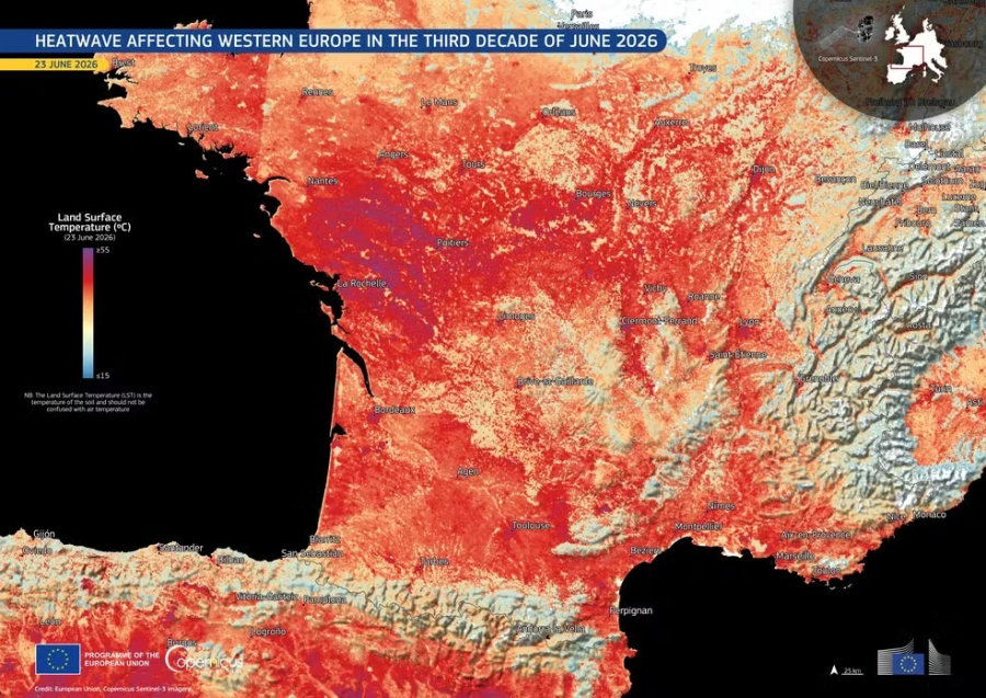 Satélite da ESA revela temperaturas superiores a 50 °C durante onda de calor na Europa.